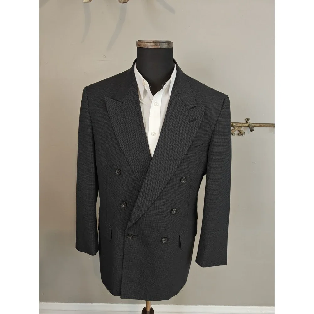 Evan Picone Mens Double Breasted Sports Coat 40R Gray Houndstooth USA Vintage